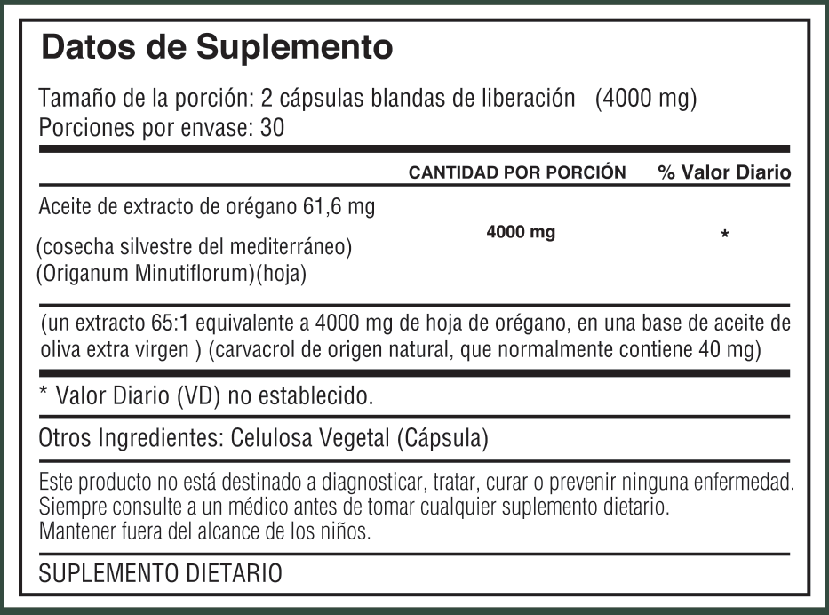 Tabla nutricional de Aceite de Orégano