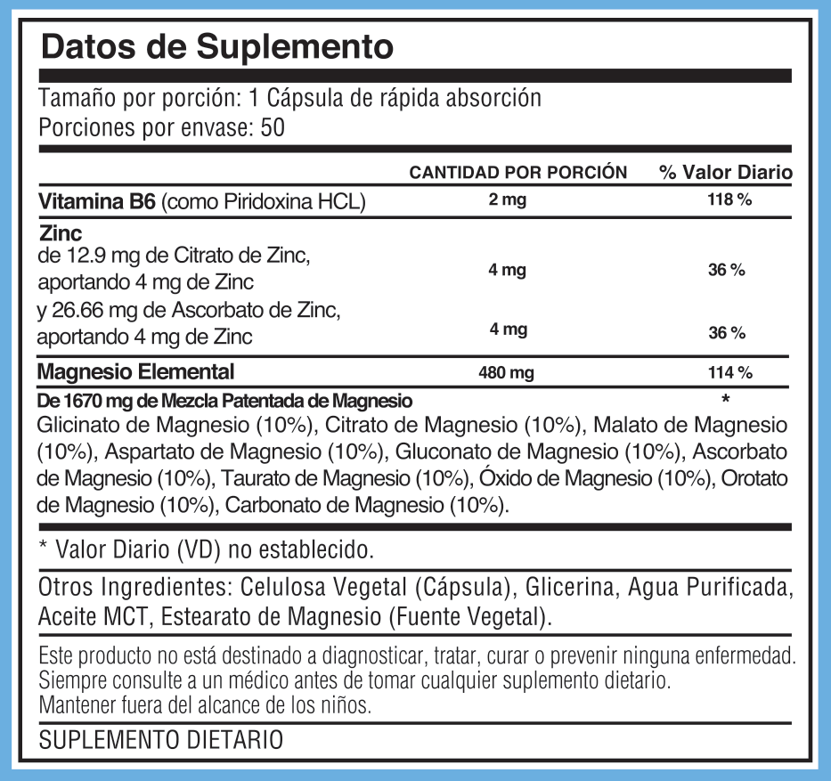 Tabla nutricional de Magnesio Complex 10 en 1