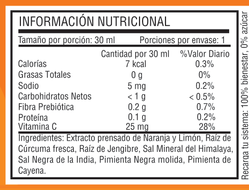 Tabla nutricional de Shot Radical