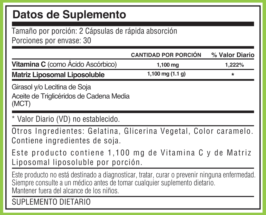 Tabla nutricional de Vitamina C Liposomal Complex